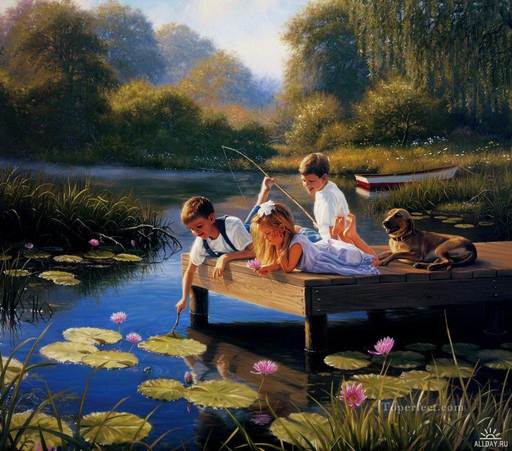 Los niños juegan en el estanque de nenúfares. Pintura al óleo